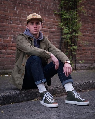 Beige Print Baseball Cap Outfits For Men: To pull together a casual menswear style with a street style finish, pair an olive shirt jacket with a beige print baseball cap. The whole look comes together perfectly when you complete this look with dark green canvas high top sneakers.