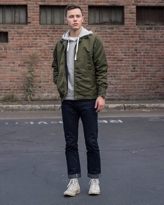 Men's Olive Nylon Shirt Jacket, Grey Hoodie, Navy Jeans, White Canvas High Top Sneakers