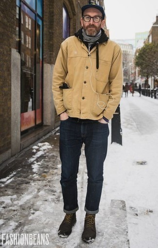 Tan Shirt Jacket Outfits For Men: This casual combination of a tan shirt jacket and navy jeans is a goofproof option when you need to look casually stylish but have no extra time. Our favorite of a multitude of ways to finish off this look is a pair of dark brown suede casual boots.