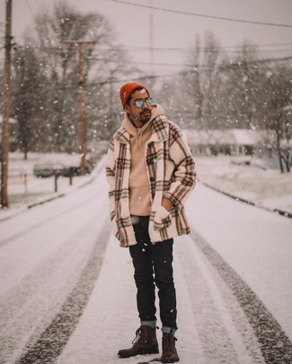 Orange Beanie Outfits For Men: This combination of a beige plaid fleece shirt jacket and an orange beanie is on the casual side but also ensures that you look on-trend and seriously dapper. Complete your ensemble with a pair of dark brown leather casual boots to avoid looking too casual.