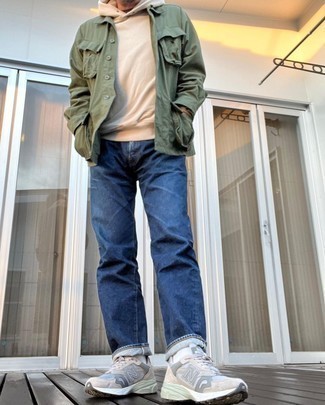 Beige Hoodie Outfits For Men: This off-duty combo of a beige hoodie and navy jeans can only be described as incredibly stylish. Beige athletic shoes will instantly dial down an all-too-dressy ensemble.
