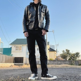 Black Leather Jacket with Black Jeans Outfits For Men: For an ensemble that's pared-down but can be manipulated in a great deal of different ways, consider teaming a black leather jacket with black jeans. Complete this outfit with a pair of black and white canvas low top sneakers and you're all done and looking killer.