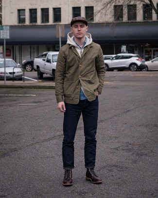 Dark Brown Baseball Cap Outfits For Men: This combination of an olive shirt jacket and a dark brown baseball cap will prove your prowess in menswear styling even on weekend days. Let your outfit coordination chops really shine by finishing off this look with burgundy leather casual boots.