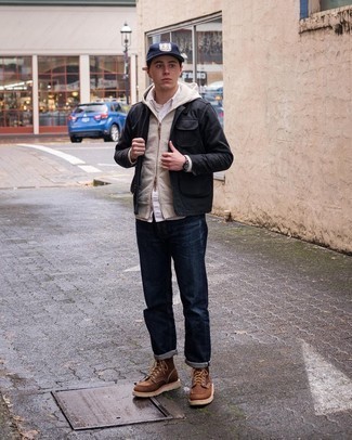 Black Shirt Jacket Outfits For Men: A black shirt jacket and navy jeans are a savvy combination worth having in your day-to-day off-duty arsenal. Brown leather casual boots finish off this getup very nicely.