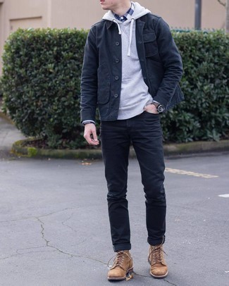 Black Shirt Jacket Outfits For Men: This combination of a black shirt jacket and black jeans will be a true exhibition of your expertise in men's fashion even on weekend days. Brown leather casual boots make your outfit complete.