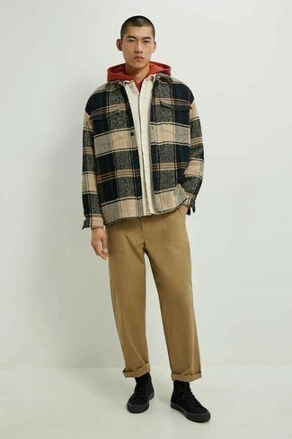 Black Canvas High Top Sneakers Outfits For Men: A multi colored plaid flannel shirt jacket and khaki chinos are a pairing that every smart gent should have in his off-duty arsenal. Dial down the dressiness of this look by slipping into black canvas high top sneakers.