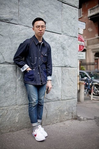Men's Navy Denim Shirt Jacket, Blue Jeans, White and Red Athletic Shoes, Clear Sunglasses