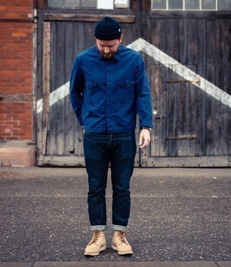 Navy Beanie Outfits For Men: Go for a navy shirt jacket and a navy beanie to get a relaxed casual and comfortable look. Put a different spin on an otherwise straightforward outfit by slipping into a pair of beige suede casual boots.
