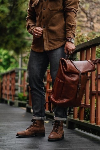 Men's Brown Wool Shirt Jacket, Charcoal Jeans, Brown Leather Casual Boots, Brown Leather Backpack