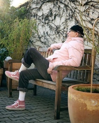 Pink Canvas High Top Sneakers Outfits For Men: Putting together a pink shirt jacket with charcoal jeans is an on-point choice for a casual but sharp ensemble. With shoes, go for something on the laid-back end of the spectrum by finishing with pink canvas high top sneakers.
