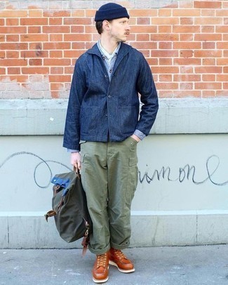 Men's Navy Shirt Jacket, Light Blue Chambray Long Sleeve Shirt, Olive Cargo Pants, Tobacco Leather Casual Boots