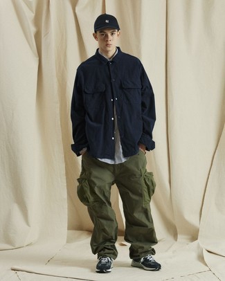 Men's Navy Shirt Jacket, White and Navy Vertical Striped Long Sleeve Shirt, Olive Cargo Pants, Navy and White Athletic Shoes