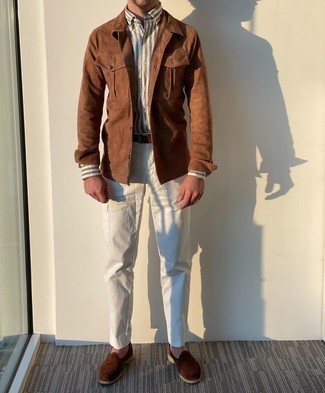 Brown Vertical Striped Long Sleeve Shirt Outfits For Men: This combination of a brown vertical striped long sleeve shirt and white cargo pants is a safe and very fashionable bet. A trendy pair of dark brown suede loafers is a simple way to give a sense of polish to this outfit.