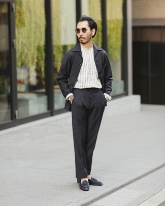Navy Suede Tassel Loafers Outfits: Dress in a black shirt jacket and black chinos for a proper sophisticated look. If you need to instantly dial up this outfit with shoes, why not add navy suede tassel loafers to the equation?