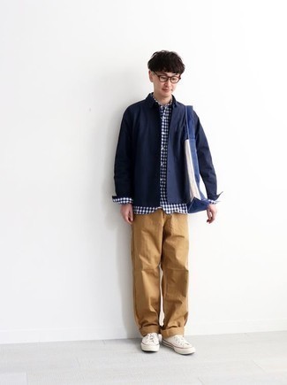 Men's Navy Shirt Jacket, White and Navy Gingham Long Sleeve Shirt, Khaki Chinos, White Canvas Low Top Sneakers