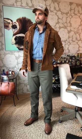 Men's Brown Suede Shirt Jacket, Light Blue Long Sleeve Shirt, Olive Chinos, Brown Leather Chelsea Boots