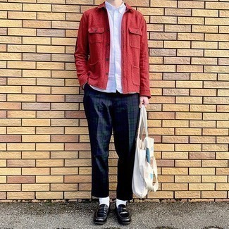 White Canvas Tote Bag Outfits For Men: Marry a red wool shirt jacket with a white canvas tote bag for a relaxed take on casual city ensembles. To bring a little depth to your ensemble, add a pair of black leather loafers to this ensemble.