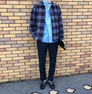 Blue Plaid Shirt Jacket Outfits For Men: A blue plaid shirt jacket and navy chinos are among the fundamental items in any modern gent's versatile casual closet. To give your ensemble a more sophisticated spin, why not introduce black leather loafers to the equation?