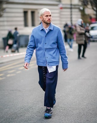 Blue Wool Shirt Jacket Outfits For Men: Consider pairing a blue wool shirt jacket with navy vertical striped chinos for a practical outfit that's also put together. For a more laid-back aesthetic, introduce a pair of black and blue athletic shoes to the mix.