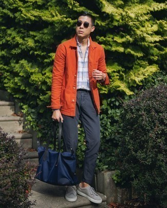 Orange Shirt Jacket Outfits For Men: Pairing an orange shirt jacket and navy chinos is a surefire way to inject style into your day-to-day styling lineup. Wondering how to finish off? Add grey suede low top sneakers to the mix to switch things up.