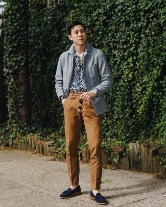 Blue Suede Tassel Loafers Outfits: For an ensemble that's street-style-worthy and effortlessly classic, choose a grey shirt jacket and tobacco chinos. To add a little depth to your outfit, add a pair of blue suede tassel loafers to the equation.