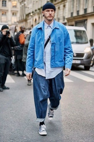 Men's Blue Shirt Jacket, Light Blue Vertical Striped Long Sleeve Shirt, Navy Chinos, Navy and White Canvas Low Top Sneakers