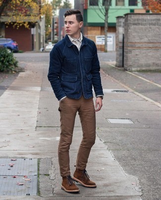 Dark Brown Suede Casual Boots Outfits For Men: Choose a navy shirt jacket and brown chinos to put together a dressy, but not too dressy ensemble. Complement this getup with dark brown suede casual boots and the whole look will come together.