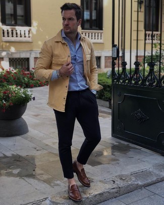 Mustard Shirt Jacket Outfits For Men: A mustard shirt jacket and navy chinos are appropriate for both smart casual situations and casual wear. Introduce dark brown leather loafers to the mix to instantly jazz up the look.