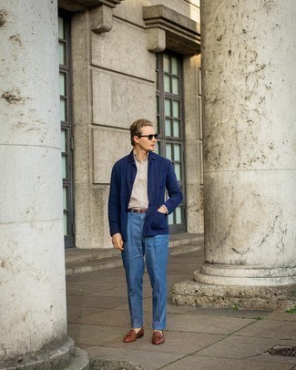Navy Shirt Jacket Smart Casual Outfits For Men: Combining a navy shirt jacket and blue chinos is a surefire way to inject masculine elegance into your styling collection. To add a bit of depth to this ensemble, complete this look with a pair of brown woven leather tassel loafers.
