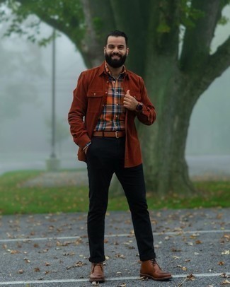 Black Pants with Brown Shoes Outfits For Men: Such items as a tobacco corduroy shirt jacket and black pants are the perfect way to inject some masculine refinement into your current styling arsenal. Introduce brown leather desert boots to this ensemble for an added dose of style.