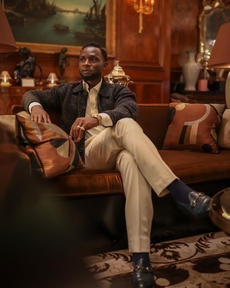 Blue Socks Outfits For Men: For a casually dapper outfit, consider teaming a dark brown wool shirt jacket with blue socks — these items play really well together. Show off your sophisticated side by finishing off with a pair of black leather loafers.