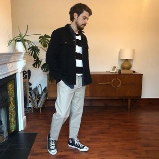 Black Shirt Jacket Outfits For Men: Demonstrate that nobody does classic and casual men's style quite like you do in a black shirt jacket and grey chinos. Add black and white canvas high top sneakers to this outfit to effortlessly boost the cool of your outfit.