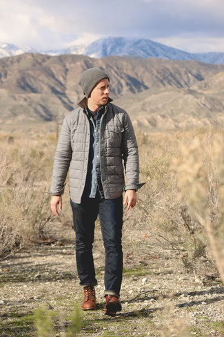 Grey Beanie Outfits For Men: Wear a grey quilted shirt jacket and a grey beanie for an easy-to-achieve outfit. A pair of brown leather casual boots effortlessly bumps up the classy factor of any outfit.