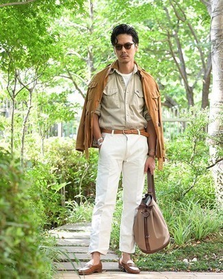 Tobacco Shirt Jacket Outfits For Men: Team a tobacco shirt jacket with white chinos for a clean elegant ensemble. Dress up this look with brown leather loafers.