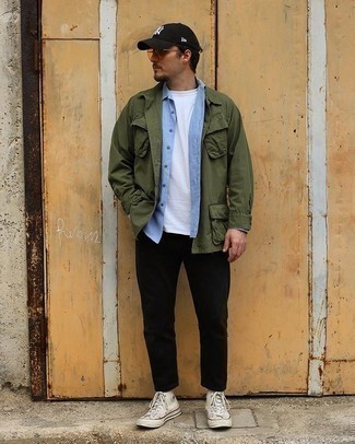 Orange Sunglasses Outfits For Men: For an urban ensemble, Try pairing an olive shirt jacket with orange sunglasses. White canvas high top sneakers will pull this full ensemble together.