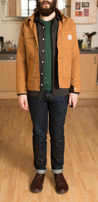 Tobacco Shirt Jacket Outfits For Men: Why not opt for a tobacco shirt jacket and navy jeans? These two pieces are super comfortable and look amazing together. The whole look comes together perfectly when you complement this outfit with dark brown leather desert boots.