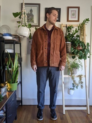 Brown Corduroy Shirt Jacket Outfits For Men: So as you can see, it doesn't take that much time for a man to look casually classic. Just make a brown corduroy shirt jacket and charcoal chinos your outfit choice and you'll look incredibly stylish. Black leather casual boots are a nice idea to round off this outfit.