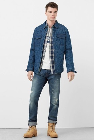 Tan Suede Work Boots Outfits For Men: A navy quilted denim shirt jacket and navy ripped jeans are a bold casual combination that every modern gentleman should have in his casual collection. Introduce a mellow feel to by wearing tan suede work boots.