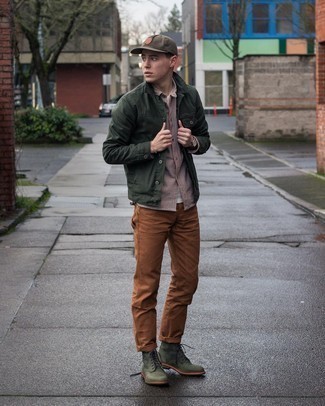 Grey Vertical Striped Long Sleeve Shirt Outfits For Men: Go for a simple but at the same time casually cool option by combining a grey vertical striped long sleeve shirt and brown chinos. Dark green leather casual boots are an effective way to bring a touch of class to this outfit.
