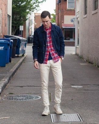 Red Plaid Long Sleeve Shirt Outfits For Men: For an ensemble that brings function and dapperness, pair a red plaid long sleeve shirt with white chinos. If you want to immediately dress down this ensemble with shoes, complement this outfit with a pair of white canvas high top sneakers.