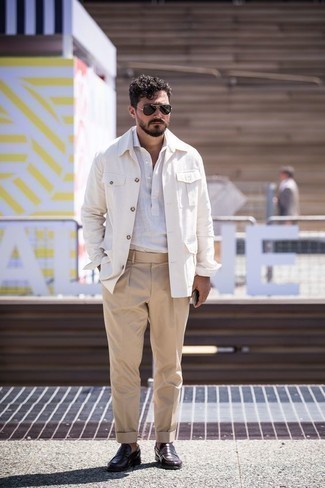 White Shirt Jacket Outfits For Men: A white shirt jacket and khaki dress pants are a polished combination that every stylish guy should have in his sartorial collection. Our favorite of an infinite number of ways to finish this look is dark purple leather loafers.