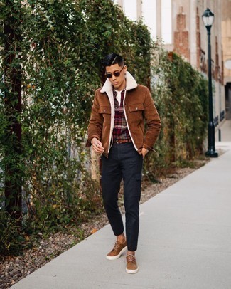Brown Leather Belt Outfits For Men: For a casual ensemble, consider pairing a brown corduroy shirt jacket with a brown leather belt — these items play perfectly well together. For something more on the classy side to finish off your ensemble, complement your look with brown suede low top sneakers.