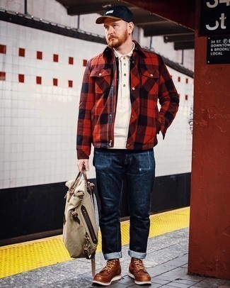 Beige Canvas Backpack Outfits For Men: A red plaid flannel shirt jacket and a beige canvas backpack are among the crucial items in any gent's great casual collection. Get a bit experimental with shoes and class up your look by finishing with brown leather casual boots.