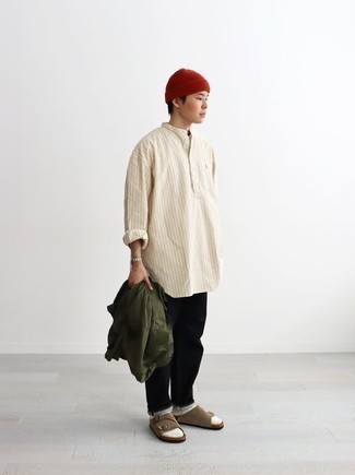 Red Beanie Outfits For Men: For a cool and casual look, marry an olive shirt jacket with a red beanie — these two pieces go really well together. Let your sartorial skills truly shine by finishing off this look with a pair of brown suede sandals.