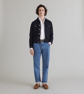 White Long Sleeve Shirt Outfits For Men: A white long sleeve shirt and blue jeans are the kind of a tested casual getup that you need when you have zero time. Perk up your ensemble by finishing off with brown suede loafers.