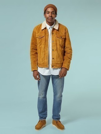 Men's Tobacco Suede Shirt Jacket, White Long Sleeve Shirt, Blue Ripped Jeans, Tobacco Suede Desert Boots