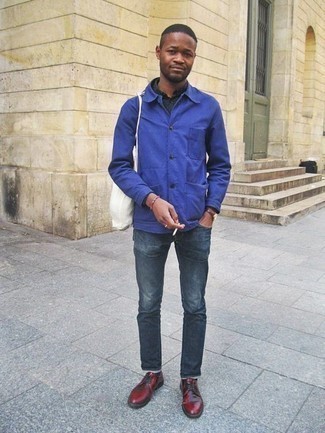 Men's Blue Shirt Jacket, Charcoal Polka Dot Long Sleeve Shirt, Navy Jeans, Burgundy Leather Derby Shoes