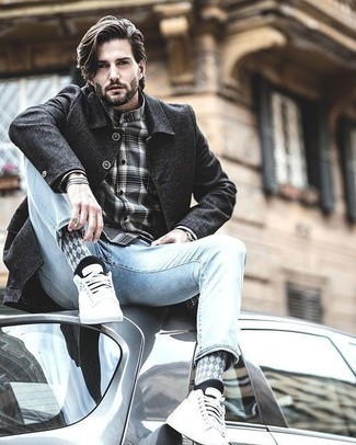 Men's Charcoal Wool Shirt Jacket, Grey Plaid Long Sleeve Shirt, Light Blue Jeans, White and Black Canvas Low Top Sneakers