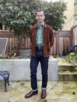 Men's Brown Suede Shirt Jacket, Green Plaid Long Sleeve Shirt, Navy Jeans, Burgundy Leather Casual Boots