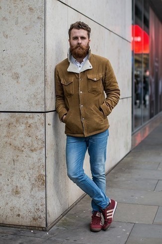 Beige Corduroy Shirt Jacket Outfits For Men: A beige corduroy shirt jacket and blue jeans will allow you to flaunt your stylish side. And if you need to easily tone down this look with one item, complete your look with a pair of burgundy canvas low top sneakers.